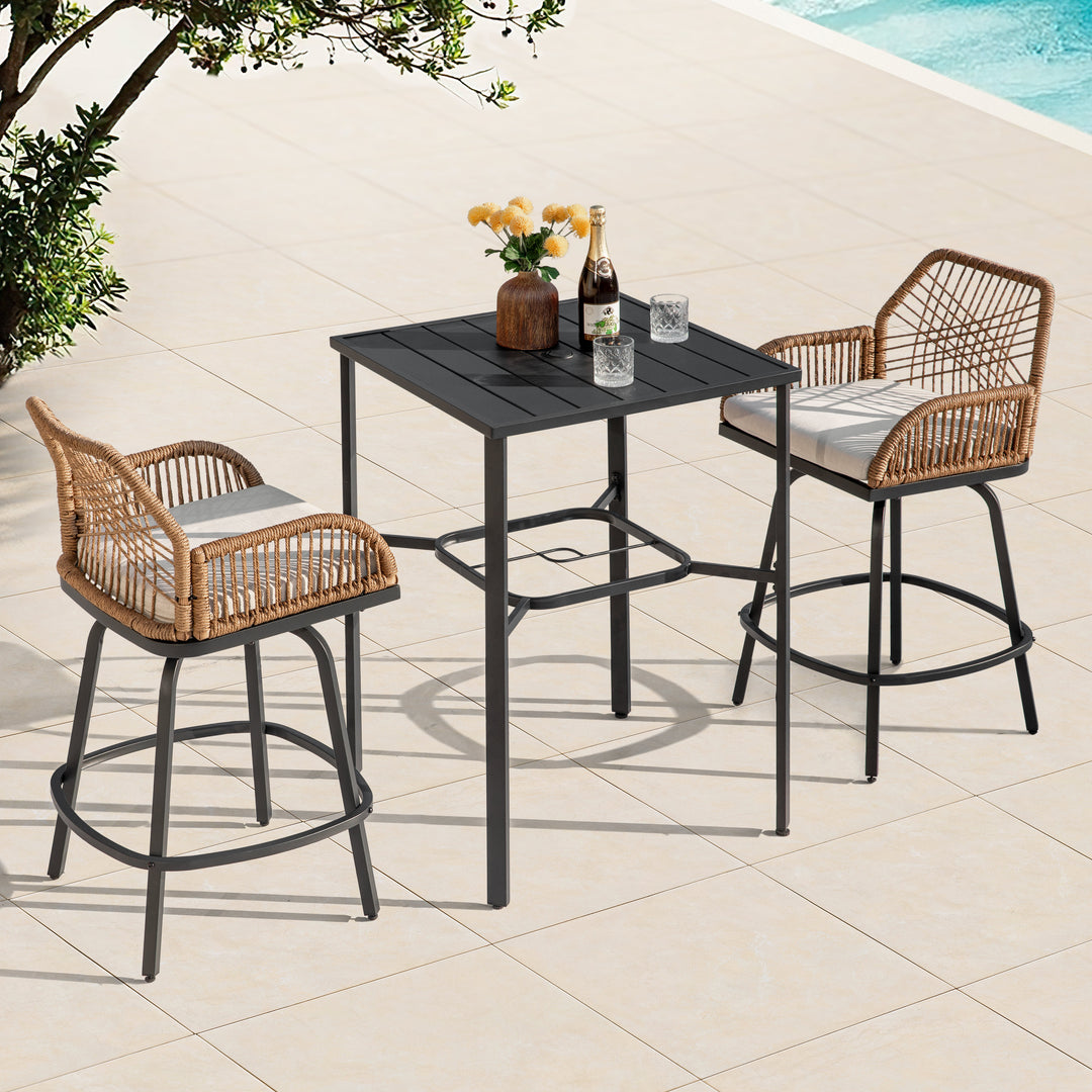 3PCS Swivel Patio Bar Set with Cushions, Handwoven Twisted Rattan Design