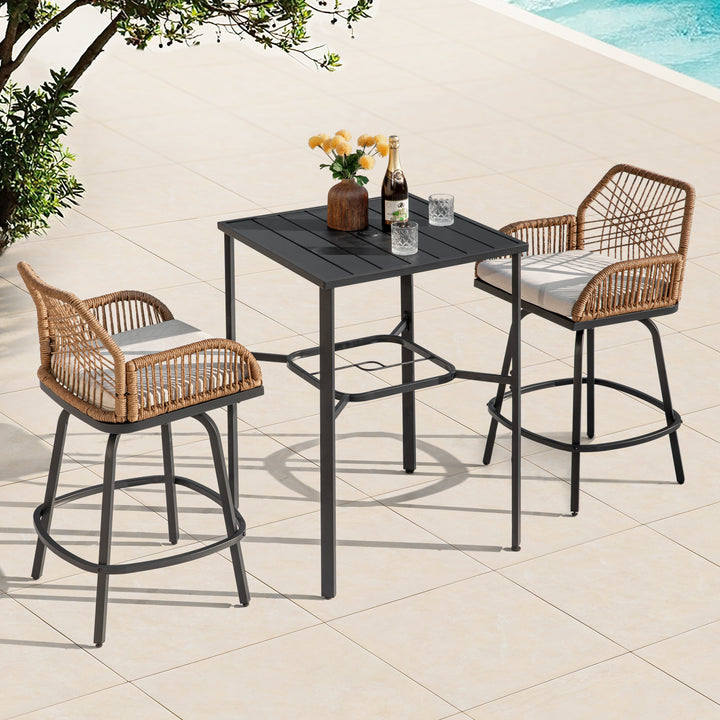 3PCS Swivel Patio Bar Set with Cushions, Handwoven Twisted Rattan Design