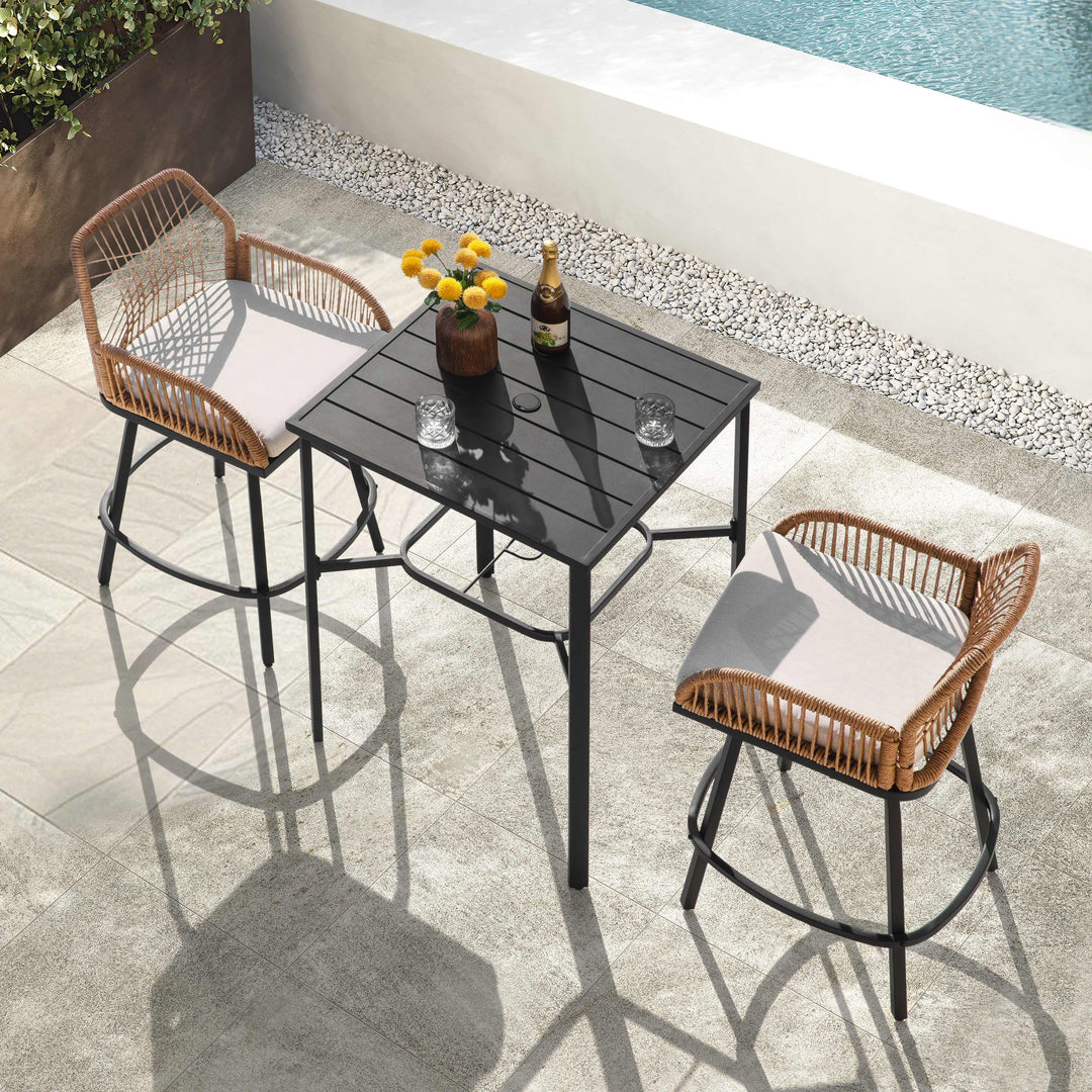 3PCS Swivel Patio Bar Set with Cushions, Handwoven Twisted Rattan Design
