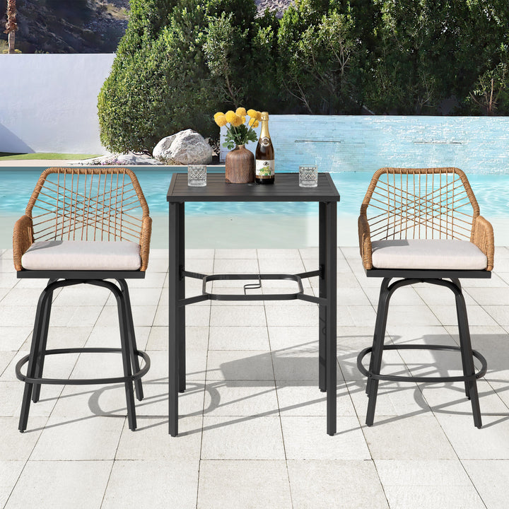 3PCS Swivel Patio Bar Set with Cushions, Handwoven Twisted Rattan Design