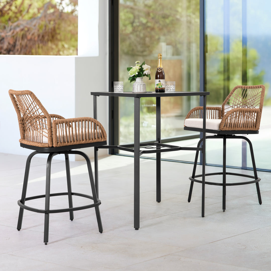 3PCS Swivel Patio Bar Set with Cushions, Handwoven Twisted Rattan Design