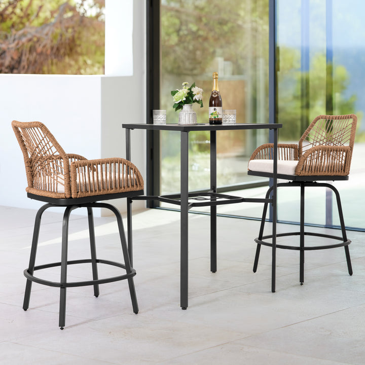 3PCS Swivel Patio Bar Set with Cushions, Handwoven Twisted Rattan Design