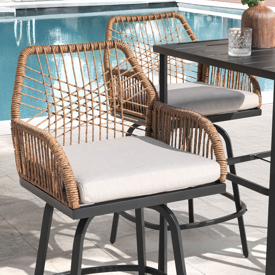 3PCS Swivel Patio Bar Set with Cushions, Handwoven Twisted Rattan Design