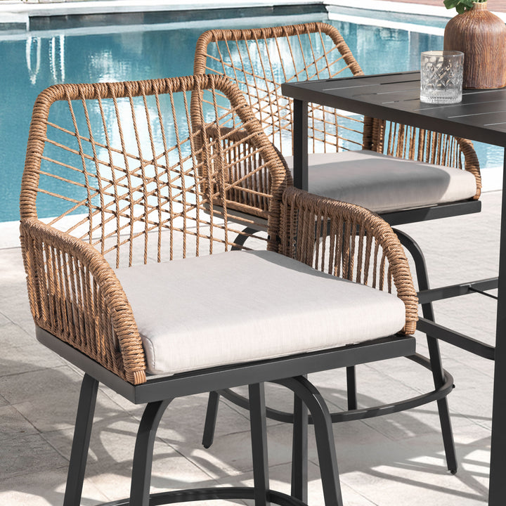 3PCS Swivel Patio Bar Set with Cushions, Handwoven Twisted Rattan Design