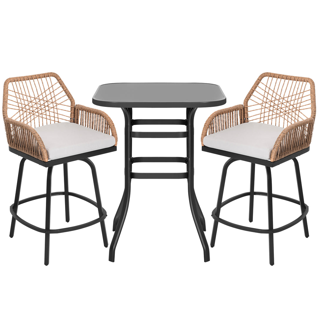 3PCS Wicker Patio Bar Set with Swivel Bar Stools, Tempered Glass Tabletop