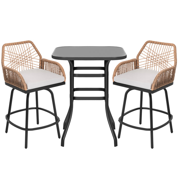 3PCS Wicker Patio Bar Set with Swivel Bar Stools, Tempered Glass Tabletop