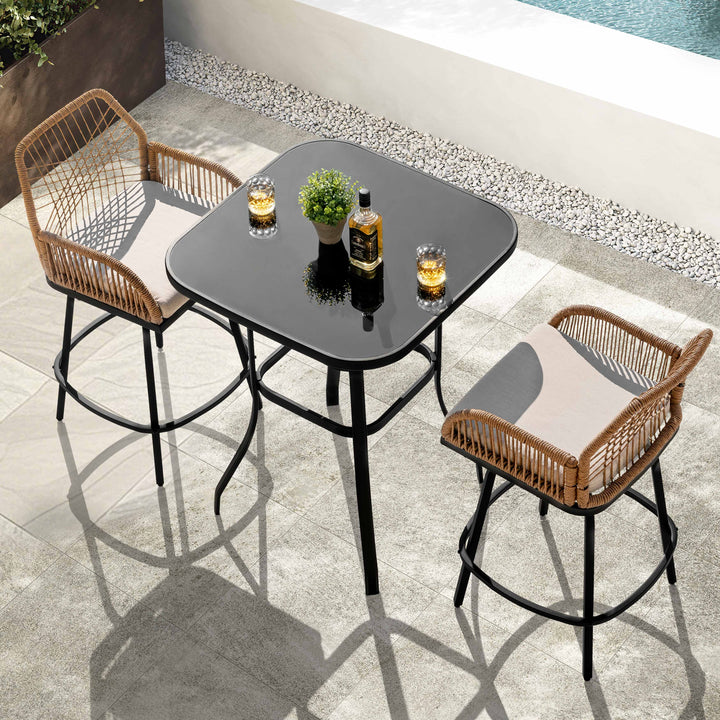 3PCS Wicker Patio Bar Set with Swivel Bar Stools, Tempered Glass Tabletop
