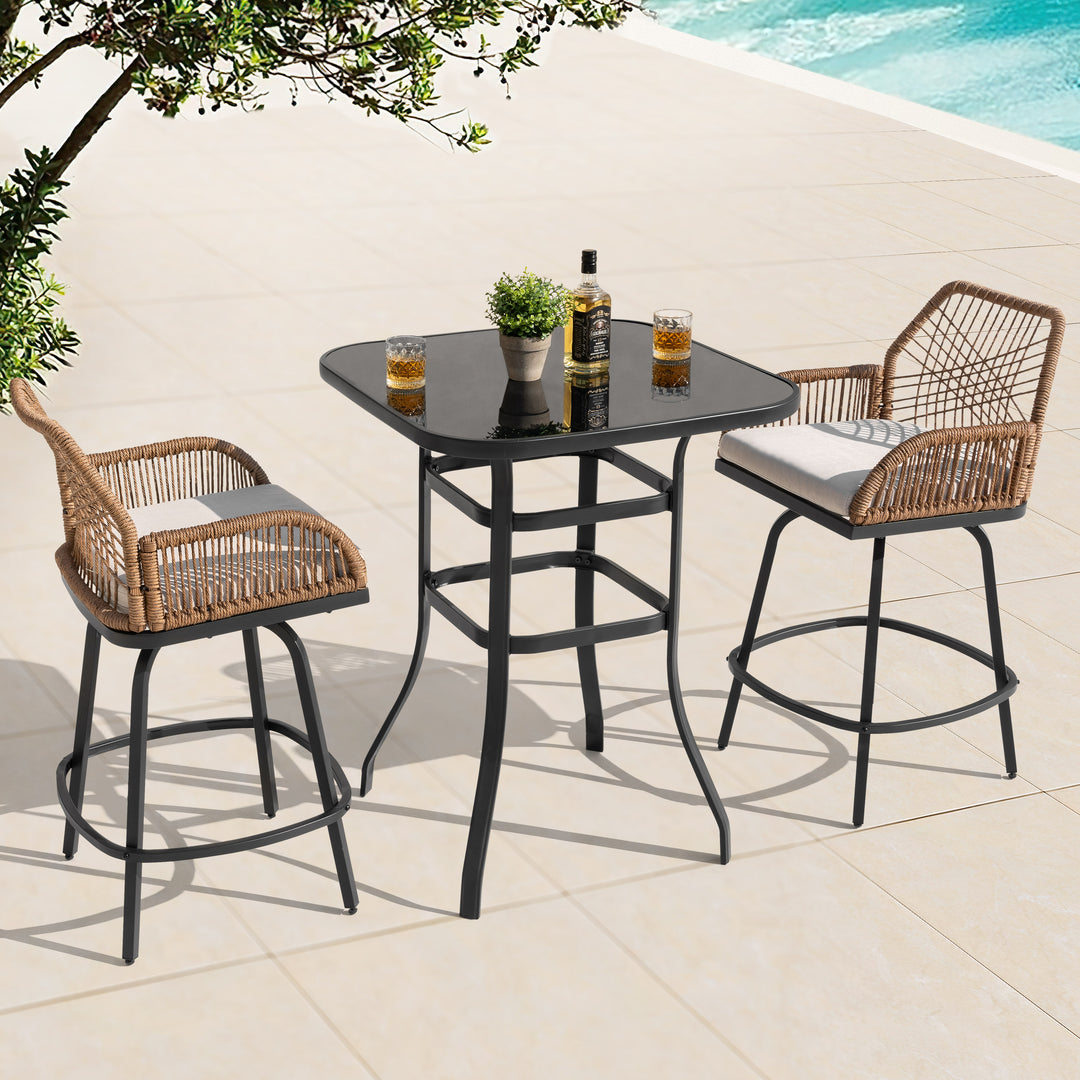 3PCS Wicker Patio Bar Set with Swivel Bar Stools, Tempered Glass Tabletop