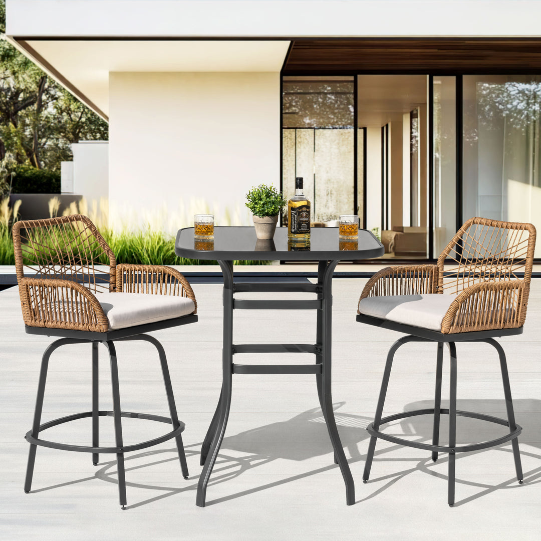 3PCS Wicker Patio Bar Set with Swivel Bar Stools, Tempered Glass Tabletop