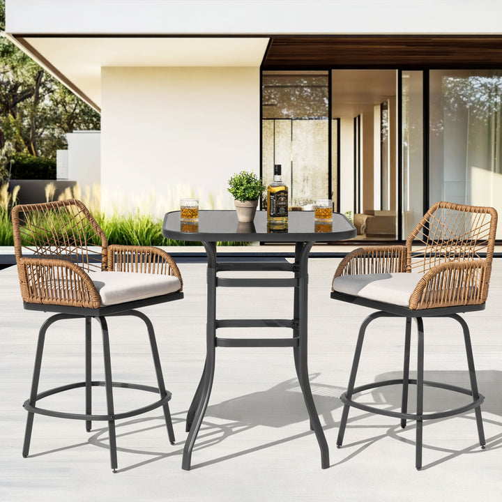 3PCS Wicker Patio Bar Set with Swivel Bar Stools, Tempered Glass Tabletop