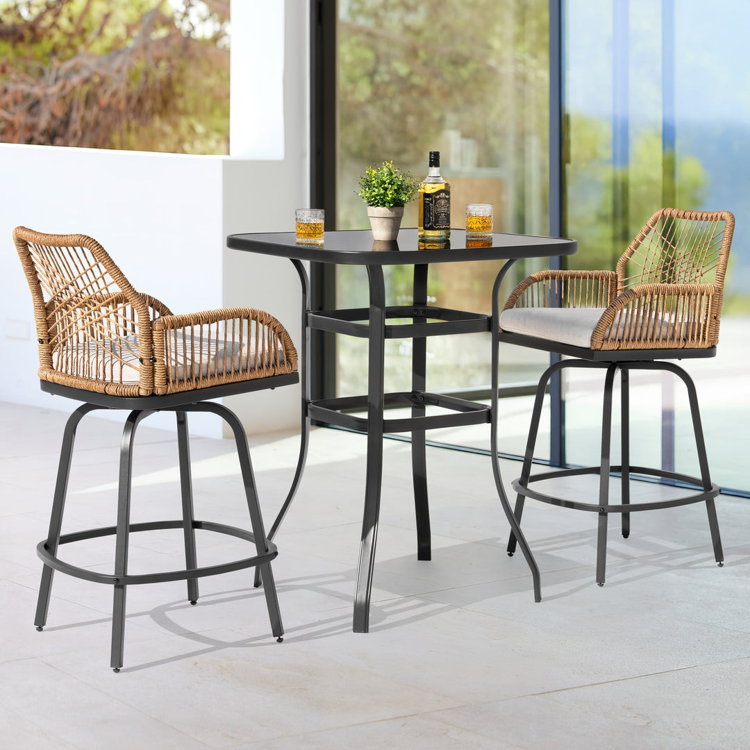 3PCS Wicker Patio Bar Set with Swivel Bar Stools, Tempered Glass Tabletop