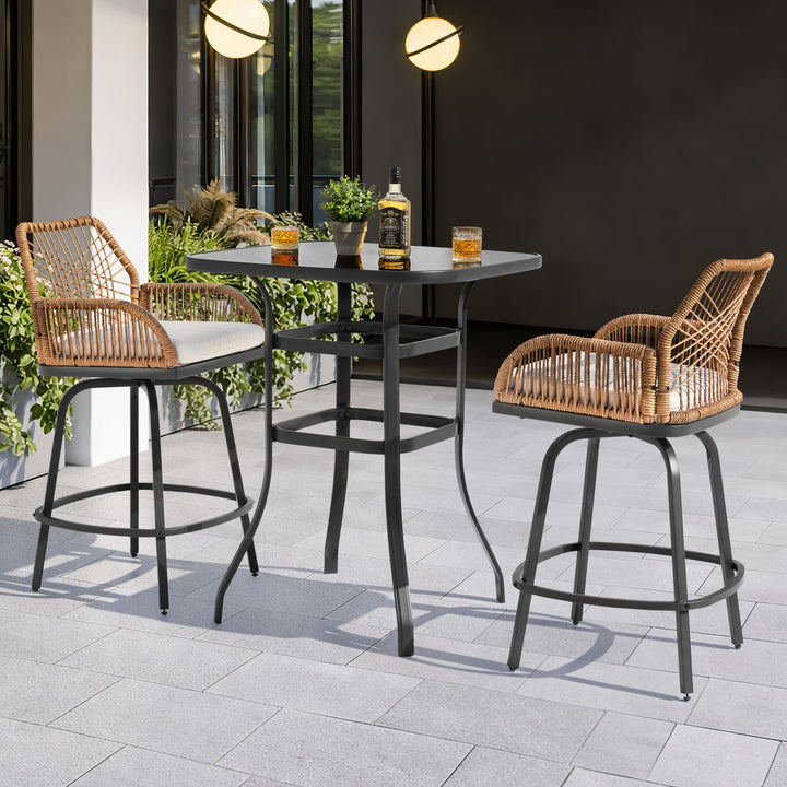 3PCS Wicker Patio Bar Set with Swivel Bar Stools, Tempered Glass Tabletop