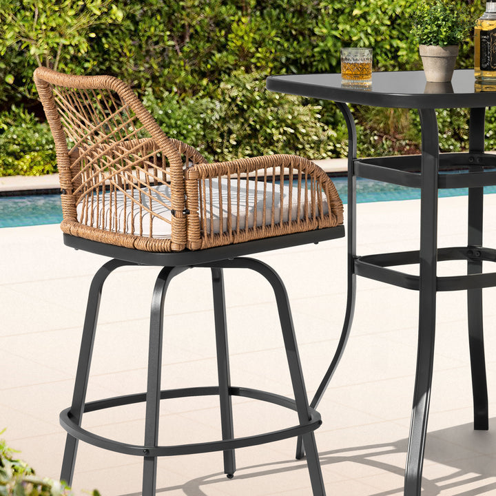 3PCS Wicker Patio Bar Set with Swivel Bar Stools, Tempered Glass Tabletop