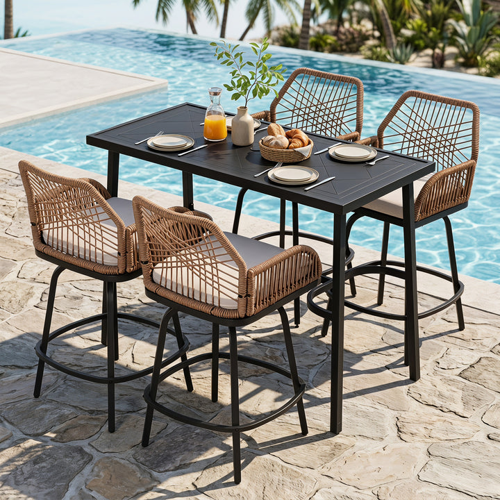 5-Piece Outdoor Bar Set, Twisted Rattan Swivel Chairs with Cushions