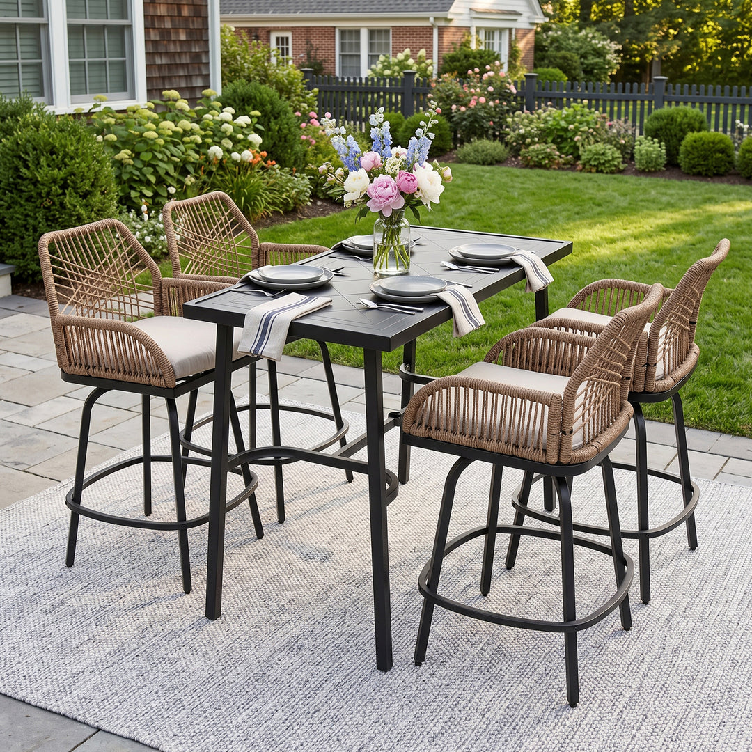 5-Piece Outdoor Bar Set, Twisted Rattan Swivel Chairs with Cushions