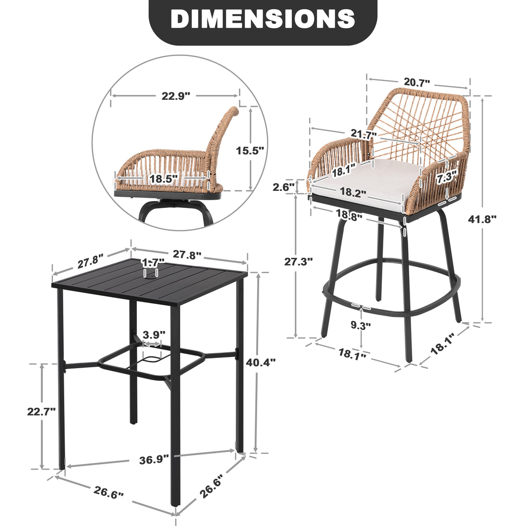 5PCS Swivel Patio Bar Set with Cushions, Handwoven Twisted Rattan Design