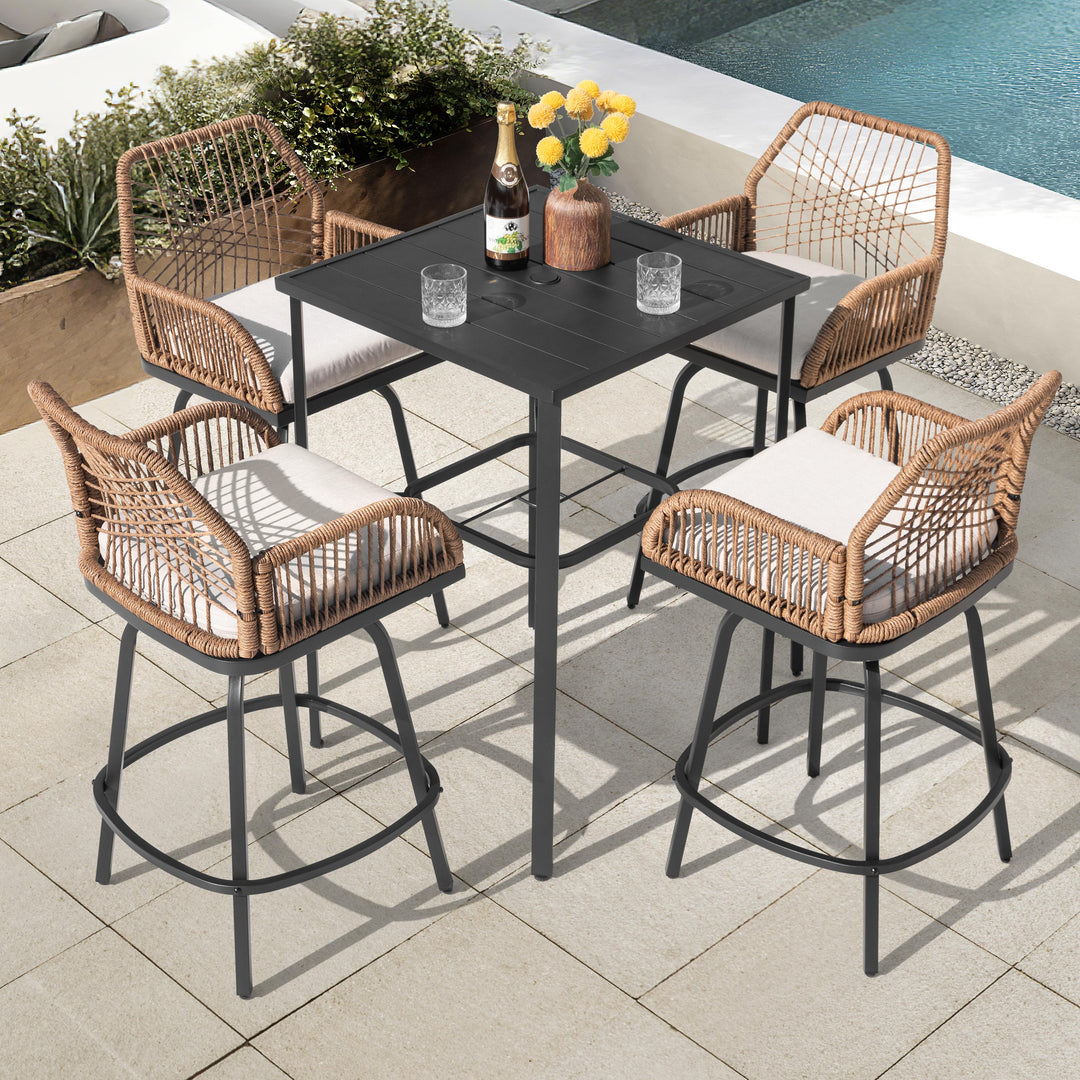 5PCS Swivel Patio Bar Set with Cushions, Handwoven Twisted Rattan Design