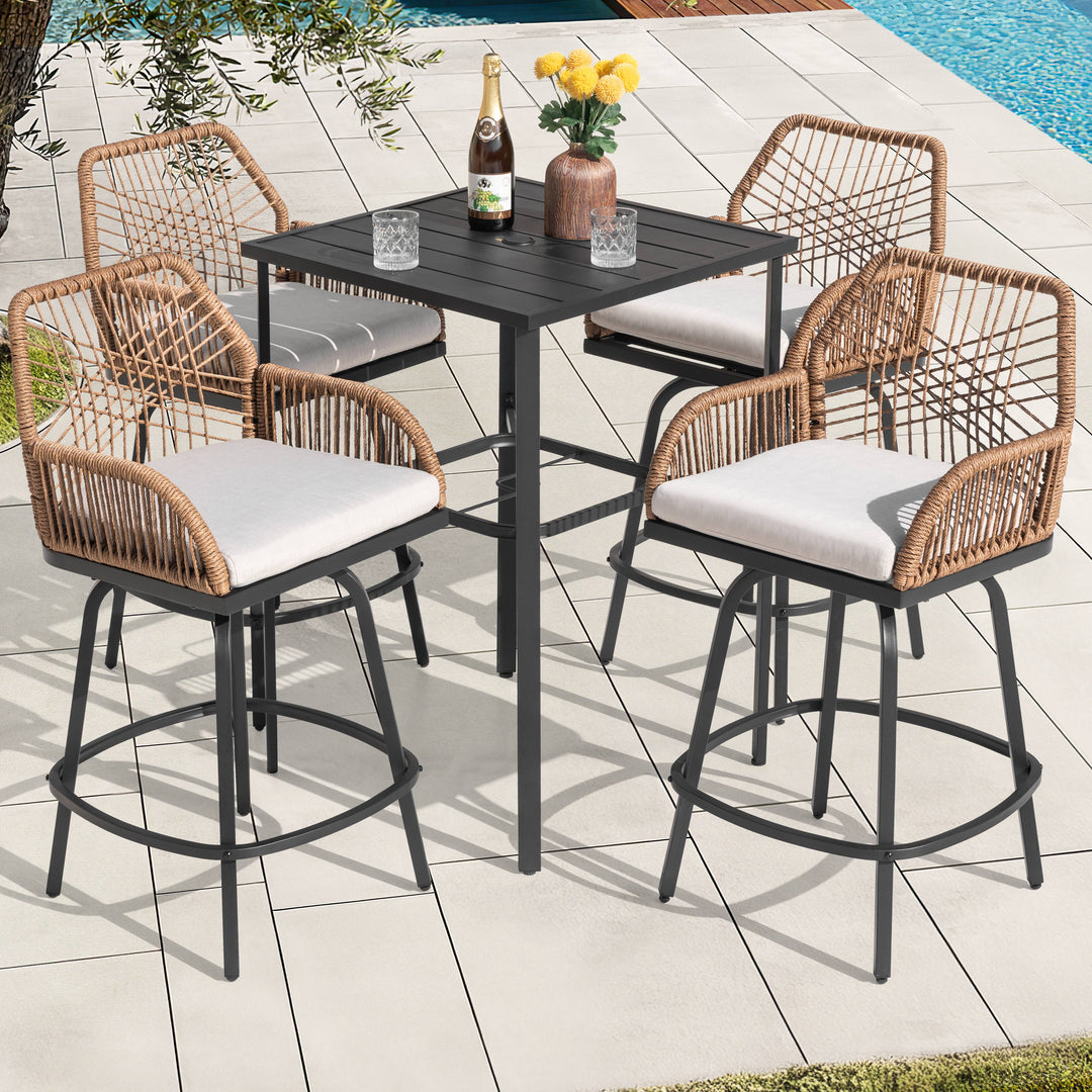 5PCS Swivel Patio Bar Set with Cushions, Handwoven Twisted Rattan Design