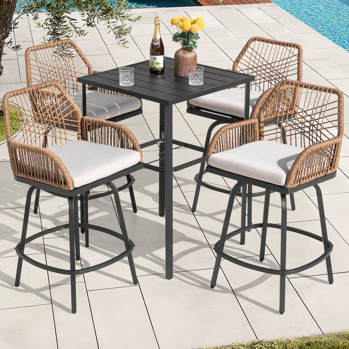 5PCS Swivel Patio Bar Set with Cushions, Handwoven Twisted Rattan Design