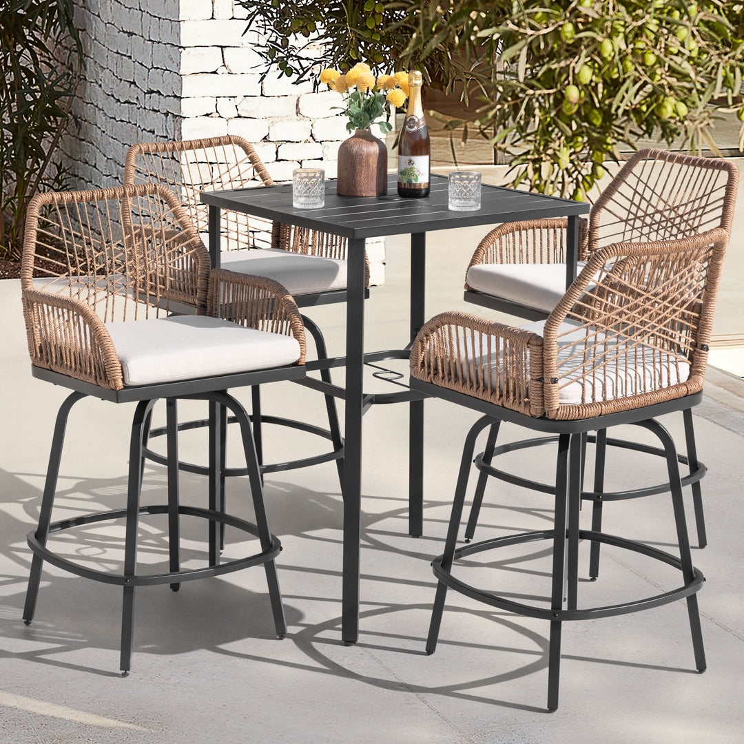 5PCS Swivel Patio Bar Set with Cushions, Handwoven Twisted Rattan Design