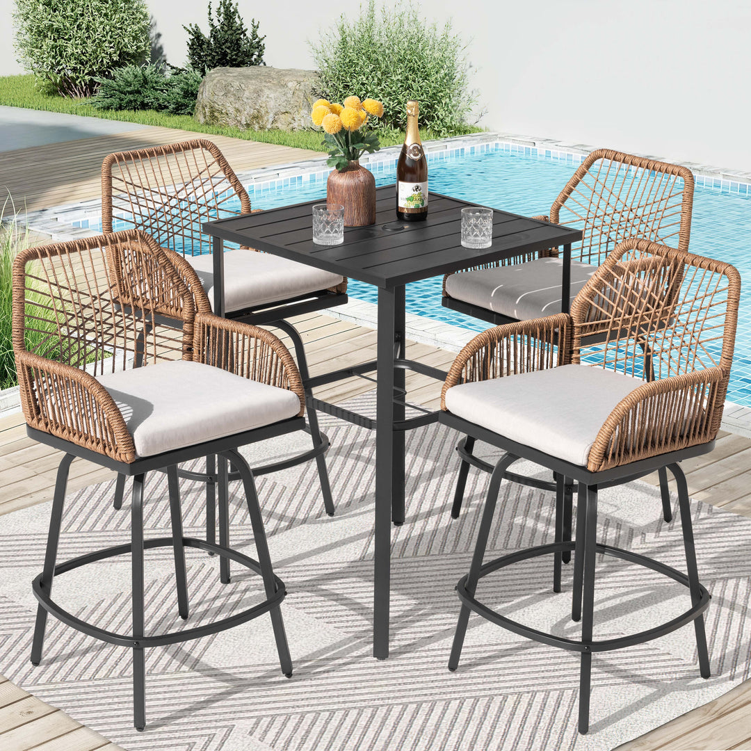 5PCS Swivel Patio Bar Set with Cushions, Handwoven Twisted Rattan Design