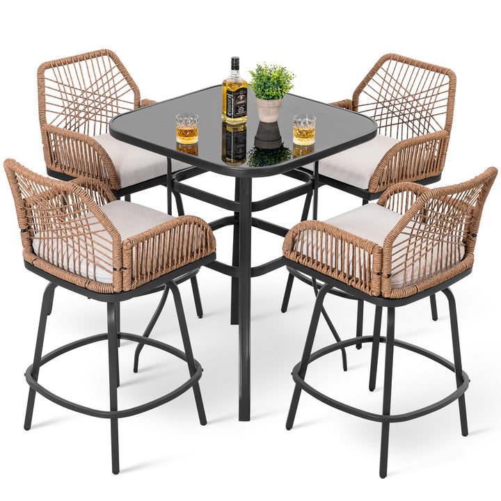 5PCS Wicker Patio Bar Set with Swivel Bar Stools, Tempered Glass Tabletop