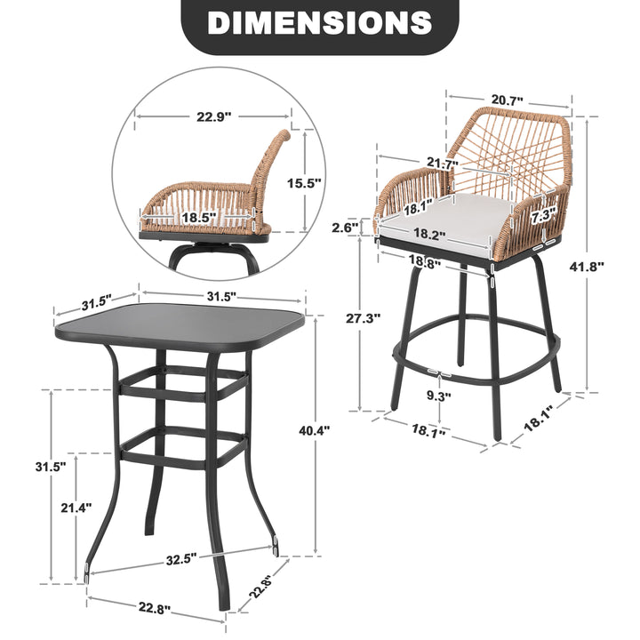 5PCS Wicker Patio Bar Set with Swivel Bar Stools, Tempered Glass Tabletop