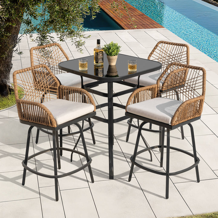 5PCS Wicker Patio Bar Set with Swivel Bar Stools, Tempered Glass Tabletop