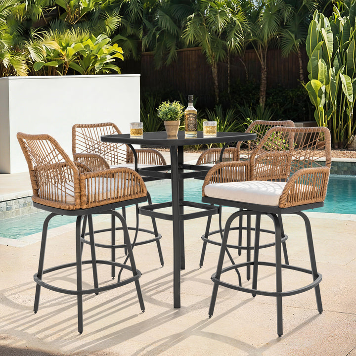 5PCS Wicker Patio Bar Set with Swivel Bar Stools, Tempered Glass Tabletop