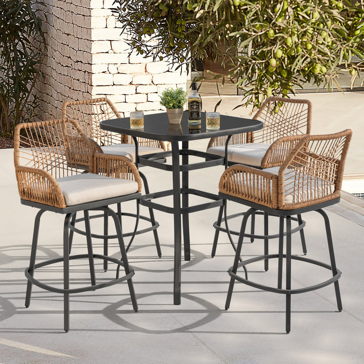 5PCS Wicker Patio Bar Set with Swivel Bar Stools, Tempered Glass Tabletop