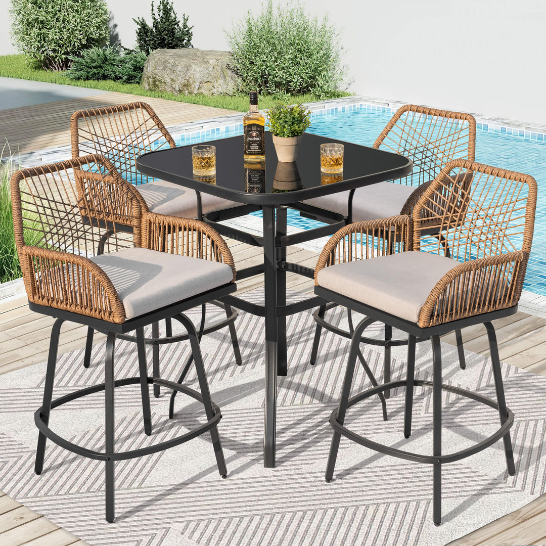 5PCS Wicker Patio Bar Set with Swivel Bar Stools, Tempered Glass Tabletop