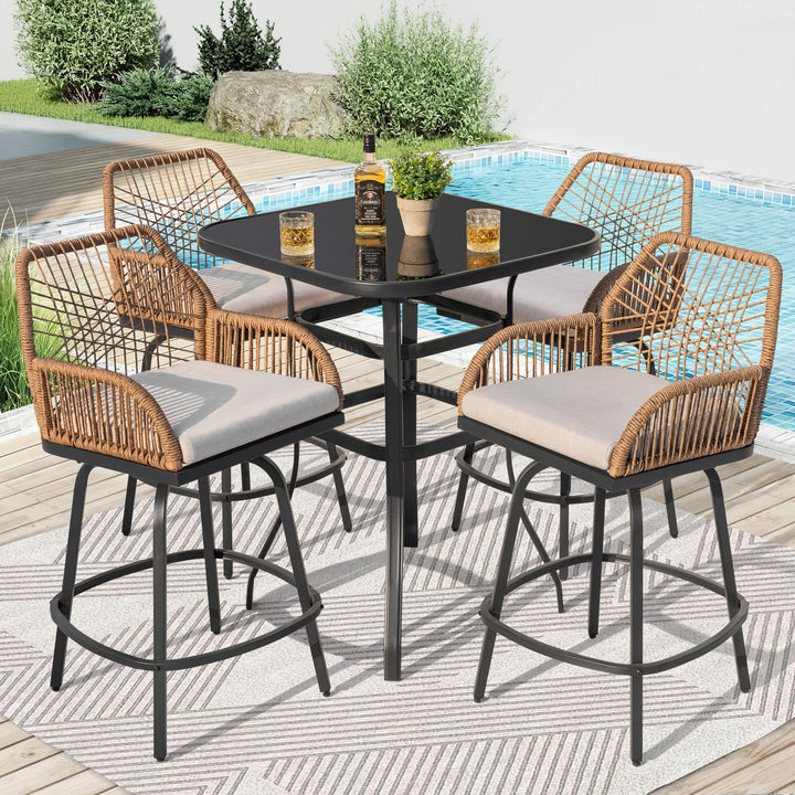 5PCS Wicker Patio Bar Set with Swivel Bar Stools, Tempered Glass Tabletop