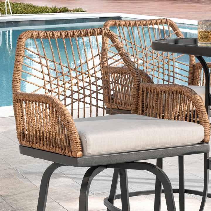 5PCS Wicker Patio Bar Set with Swivel Bar Stools, Tempered Glass Tabletop
