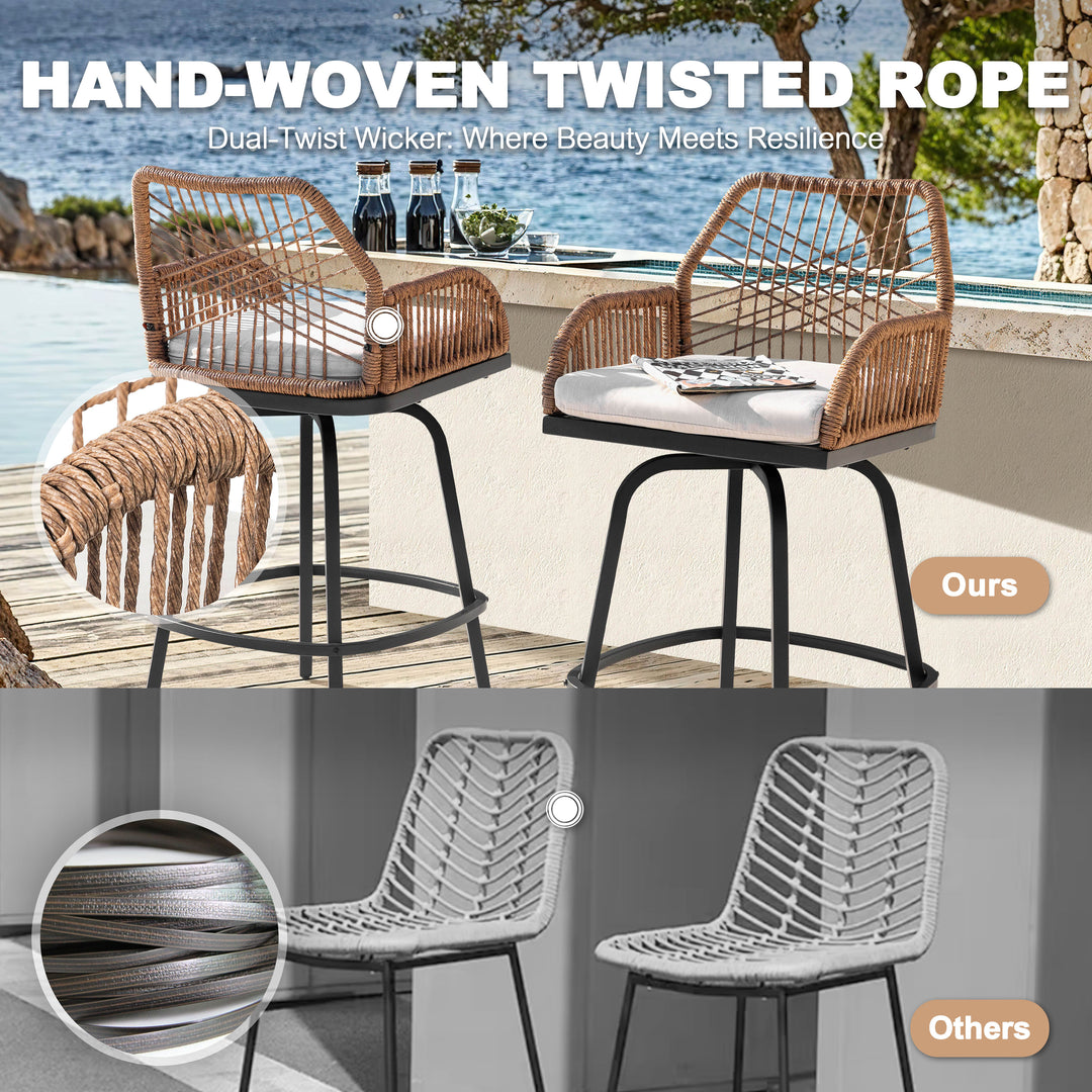 5PCS Wicker Patio Bar Set with Swivel Bar Stools, Tempered Glass Tabletop