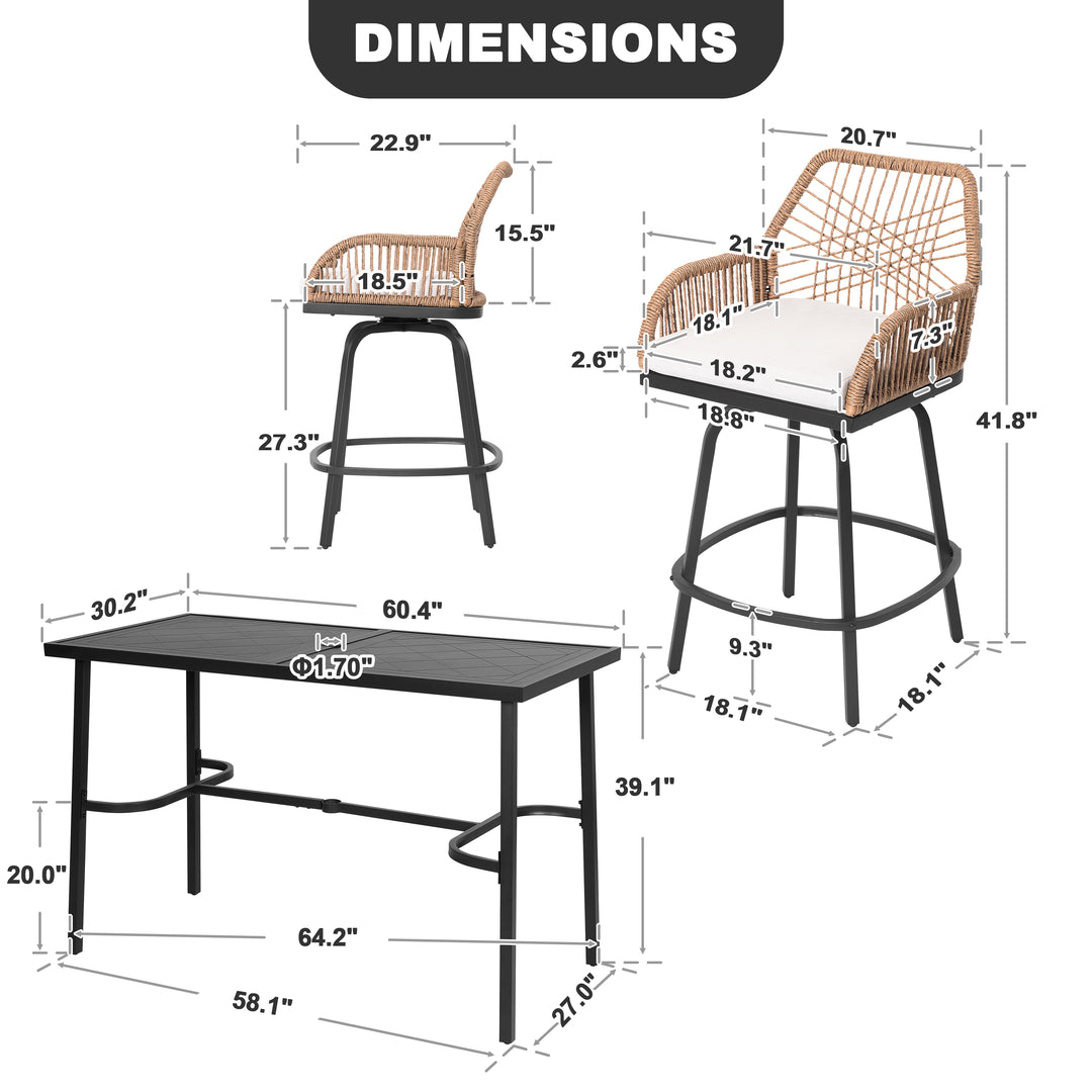 7-Piece Outdoor Bar Set, Twisted Rattan Swivel Chairs with Cushions