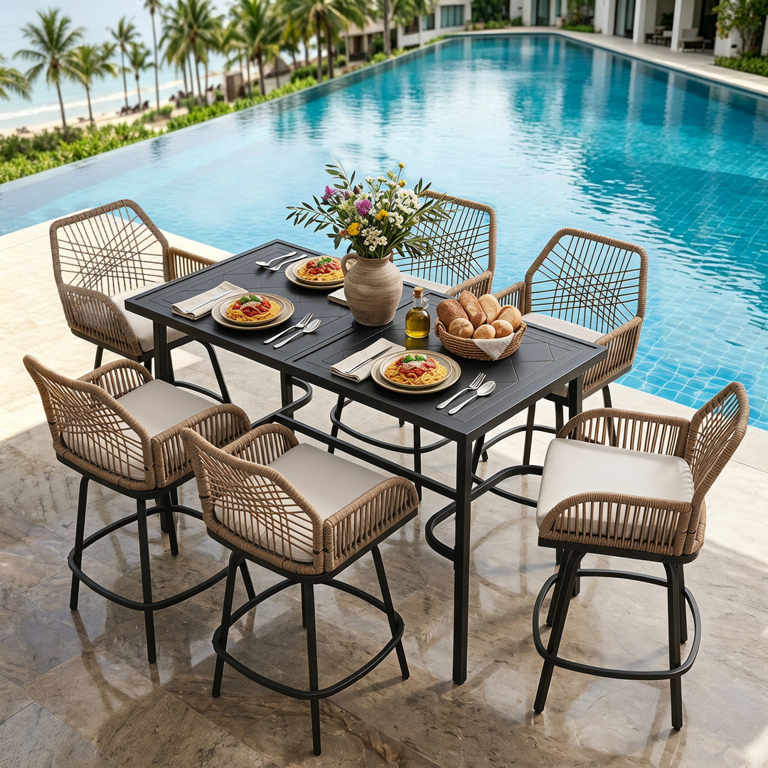 7-Piece Outdoor Bar Set, Twisted Rattan Swivel Chairs with Cushions