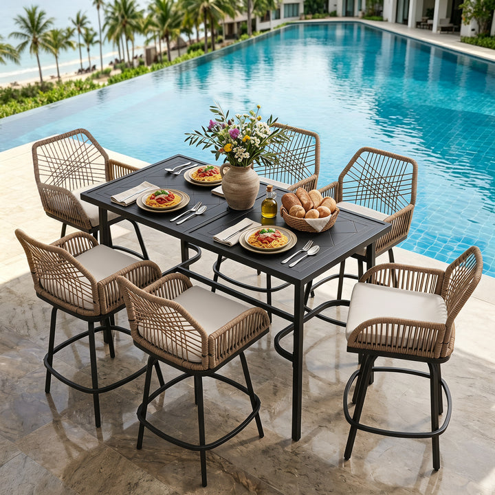 7-Piece Outdoor Bar Set, Twisted Rattan Swivel Chairs with Cushions