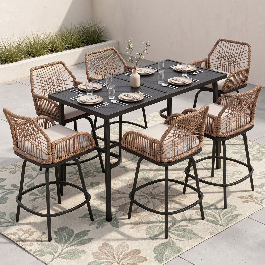 7-Piece Outdoor Bar Set, Twisted Rattan Swivel Chairs with Cushions
