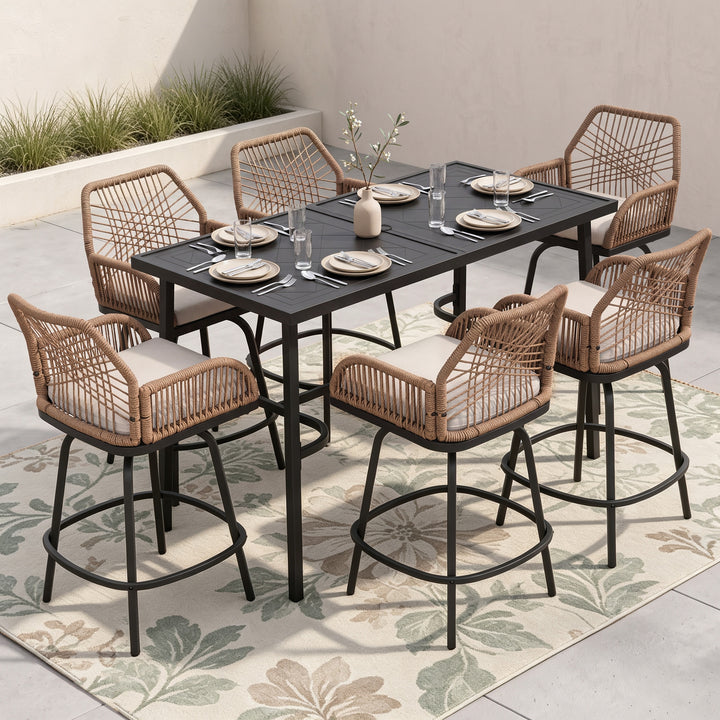 7-Piece Outdoor Bar Set, Twisted Rattan Swivel Chairs with Cushions
