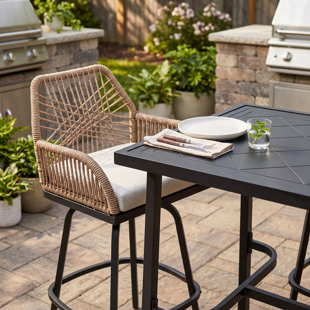 7-Piece Outdoor Bar Set, Twisted Rattan Swivel Chairs with Cushions