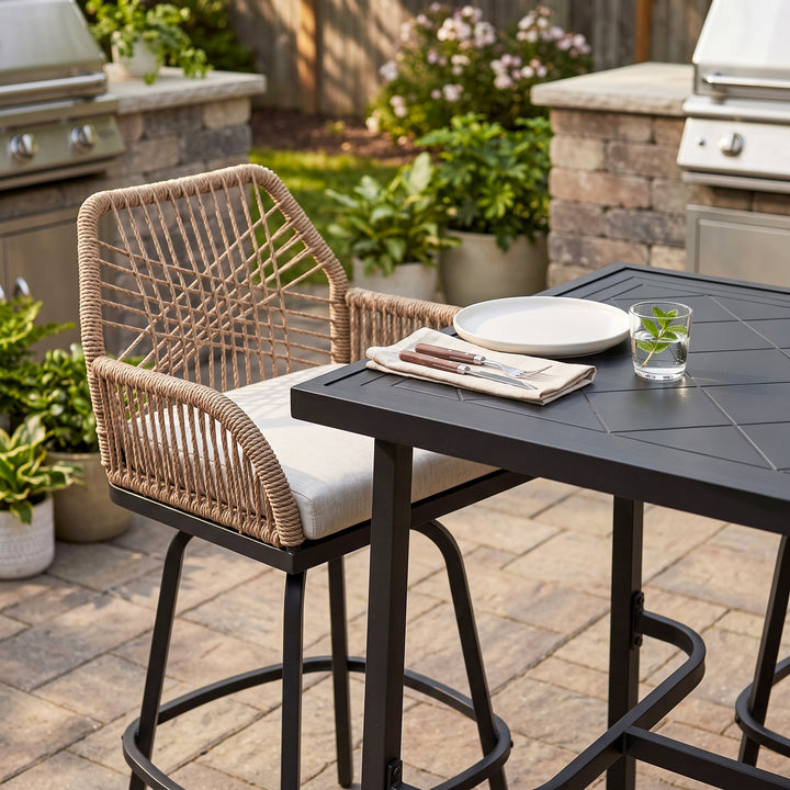7-Piece Outdoor Bar Set, Twisted Rattan Swivel Chairs with Cushions