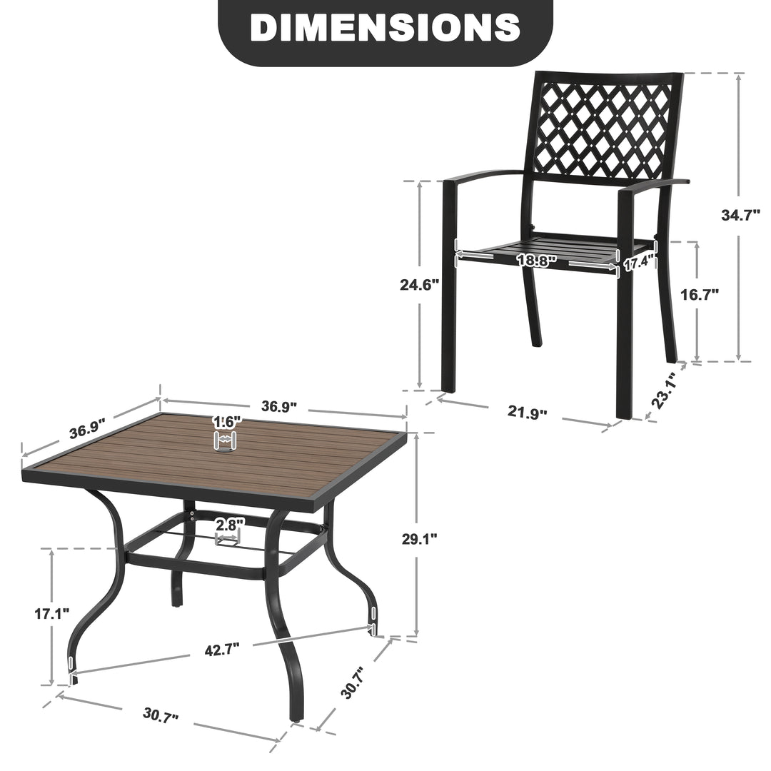 5PCS Patio Dining Set with Umbrella Hole, Faux Wood Top, Stackable Design