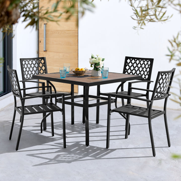 5PCS Patio Dining Set with Umbrella Hole, Faux Wood Top, Stackable Design