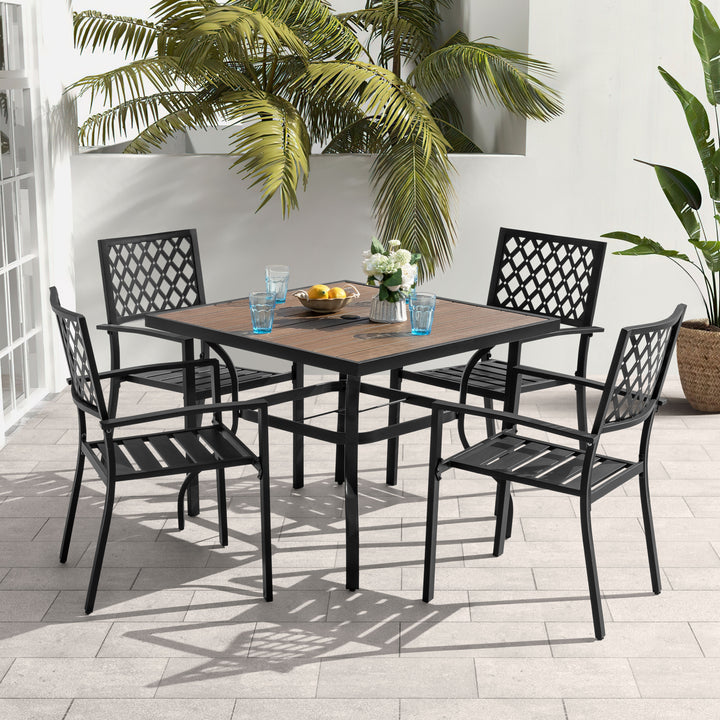 5PCS Patio Dining Set with Umbrella Hole, Faux Wood Top, Stackable Design