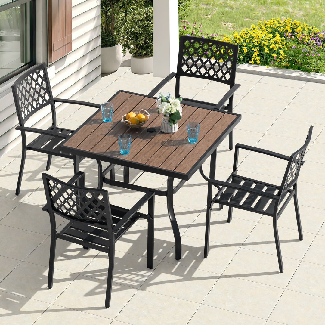 5PCS Patio Dining Set with Umbrella Hole, Faux Wood Top, Stackable Design