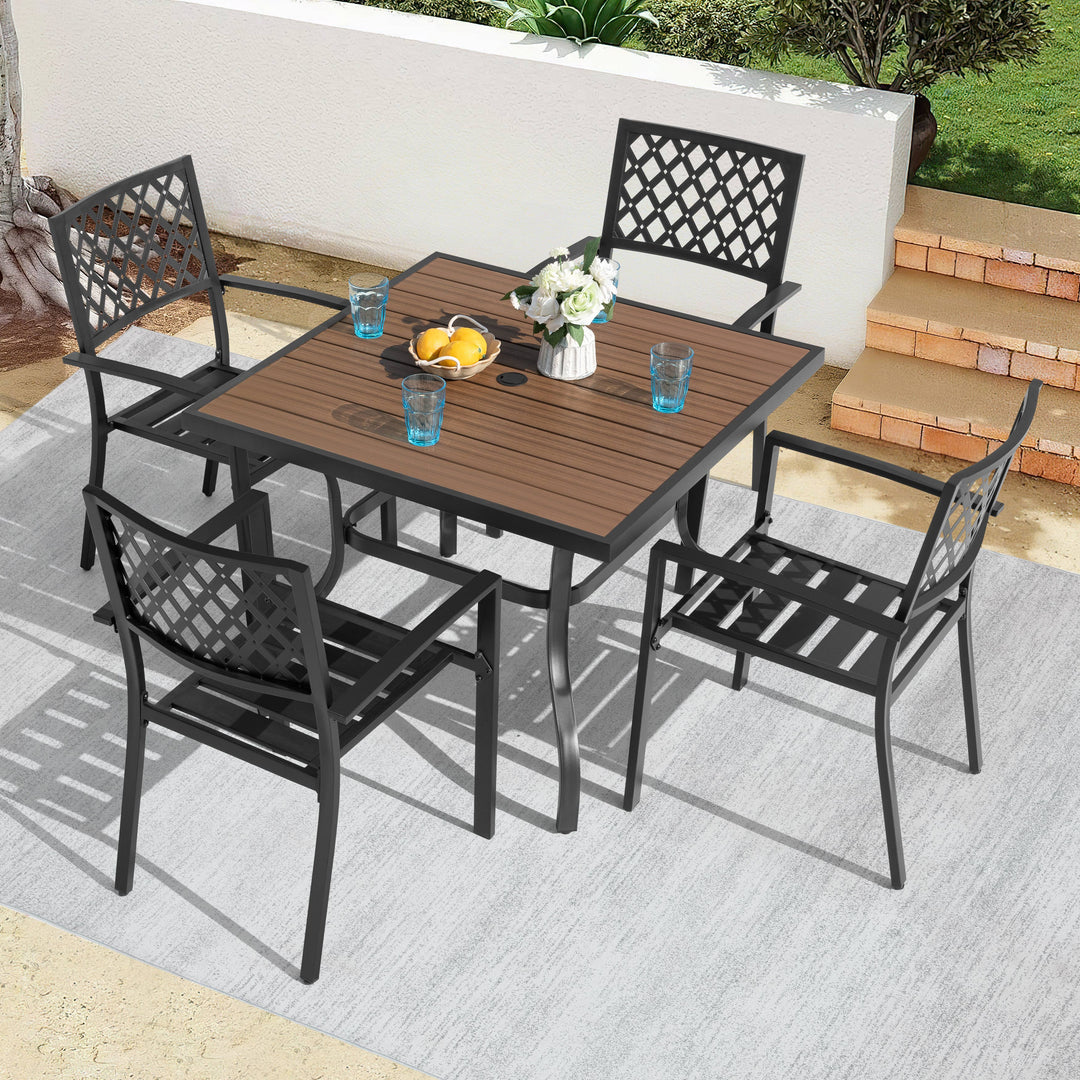 5PCS Patio Dining Set with Umbrella Hole, Faux Wood Top, Stackable Design