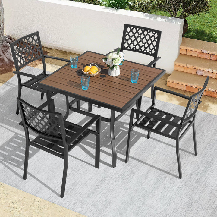 5PCS Patio Dining Set with Umbrella Hole, Faux Wood Top, Stackable Design