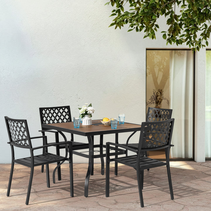 5PCS Patio Dining Set with Umbrella Hole, Faux Wood Top, Stackable Design