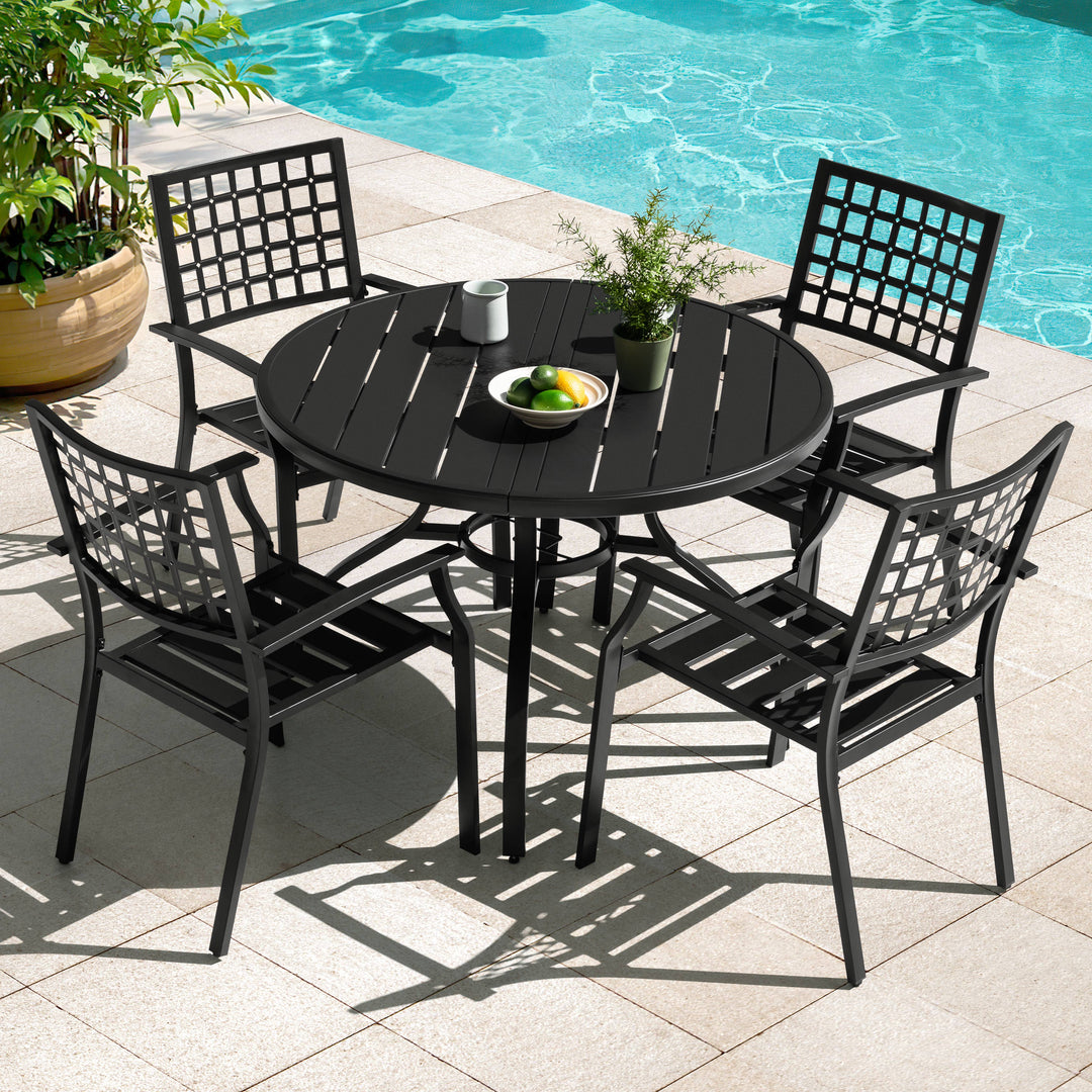 Outdoor 5-Piece Metal Patio Dining Set with Umbrella Hole, Stackable Chairs