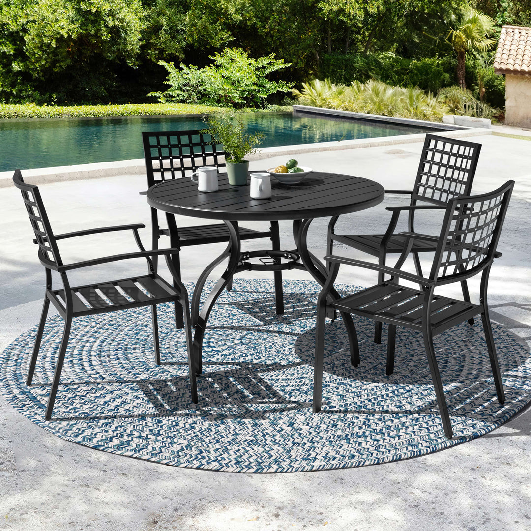 Outdoor 5-Piece Metal Patio Dining Set with Umbrella Hole, Stackable Chairs